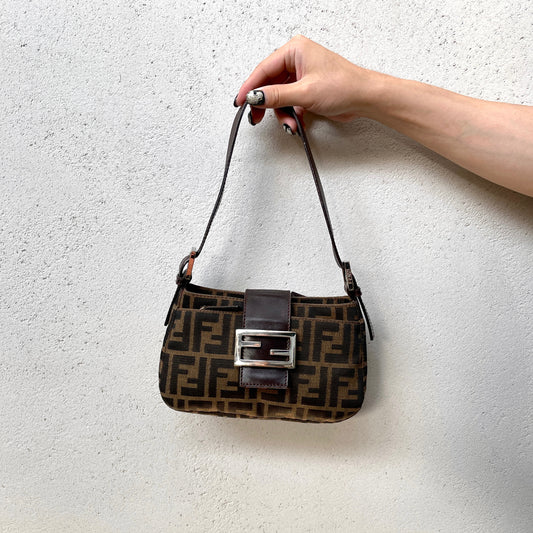RARE☆☆☆FENDI Zucca Canvas Mini Mamma Baguette Shoulder Bag Brown &amp; Silver