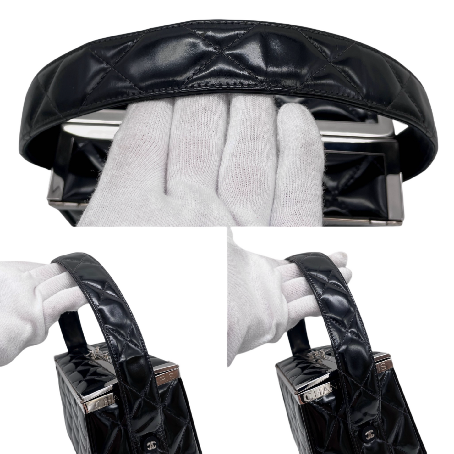 RARE☆☆☆CHANEL Matelassé Enamel Double Doors Vanity Hand Bag Black &amp; Silver