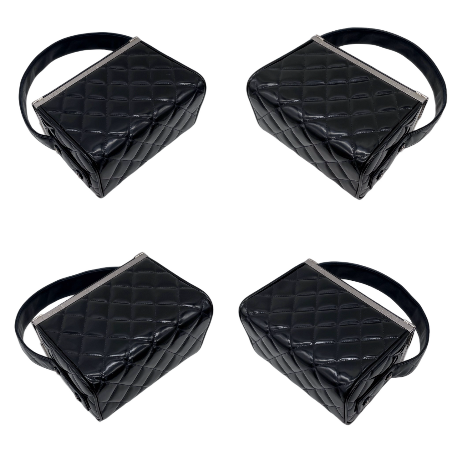 RARE☆☆☆CHANEL Matelassé Enamel Double Doors Vanity Hand Bag Black &amp; Silver