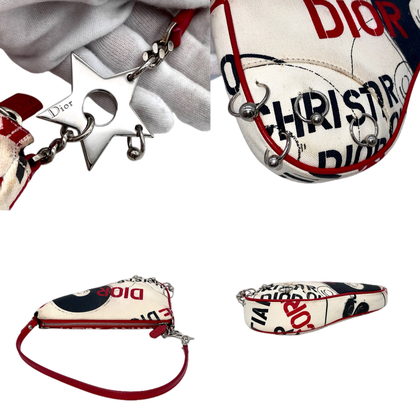 RARE★★★★★CHRISTIAN DIOR 2004 Hardcore Canvas & Leather Record Motif Saddle Handbag Small White & Red