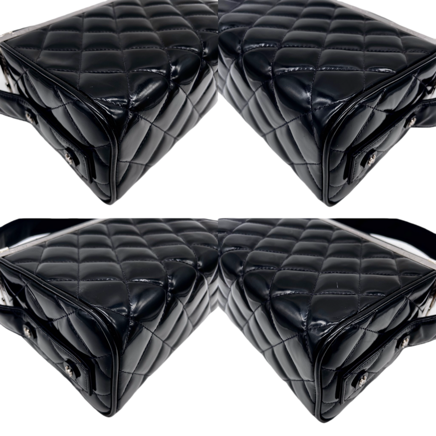 RARE☆☆☆CHANEL Matelassé Enamel Double Doors Vanity Hand Bag Black &amp; Silver