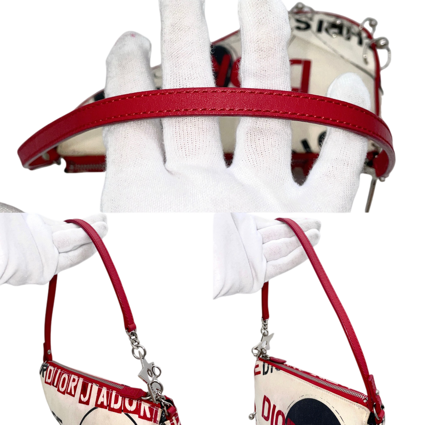 RARE★★★★★CHRISTIAN DIOR 2004 Hardcore Canvas & Leather Record Motif Saddle Handbag Small White & Red