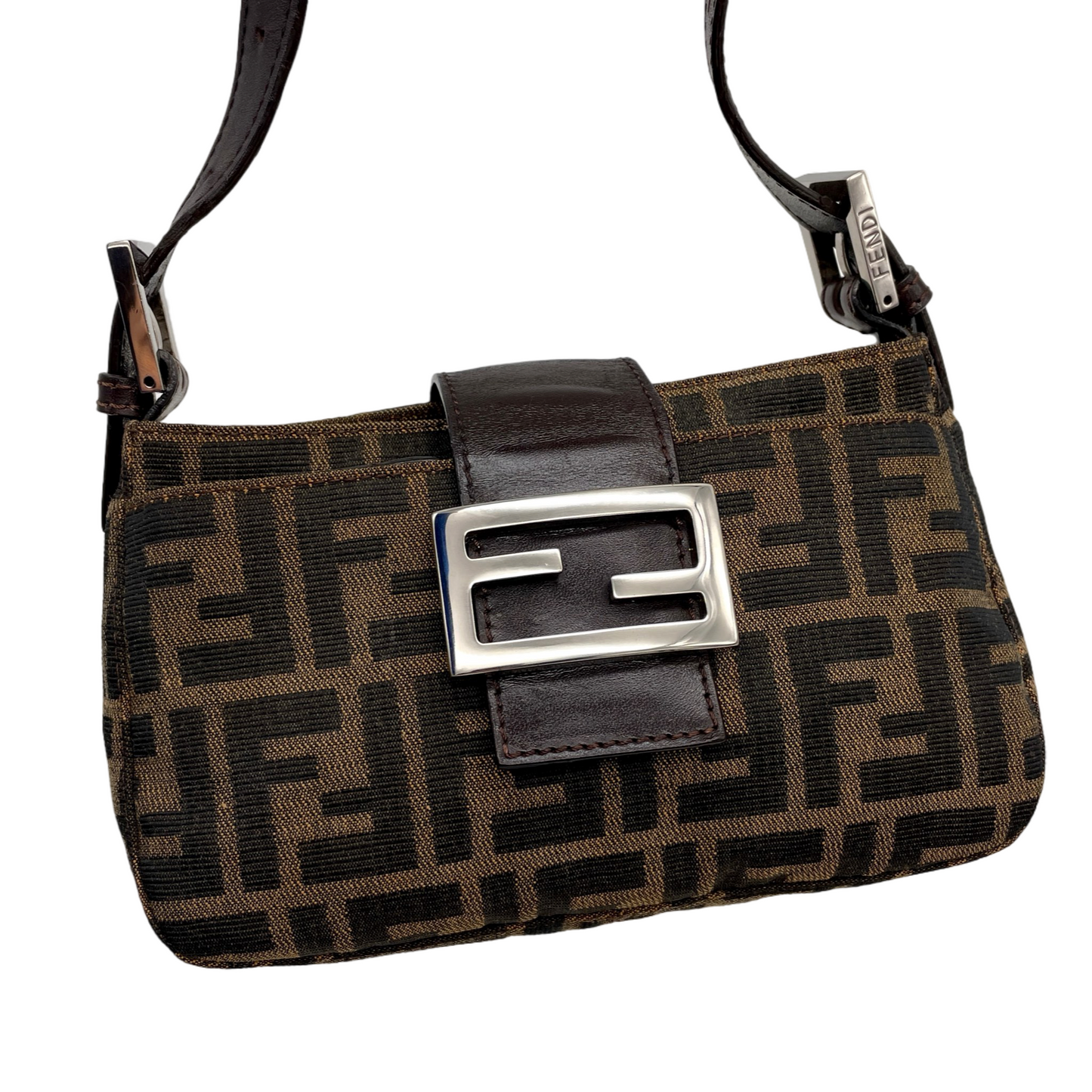 RARE☆☆☆FENDI Zucca Canvas Mini Mamma Baguette Shoulder Bag Brown &amp; Silver