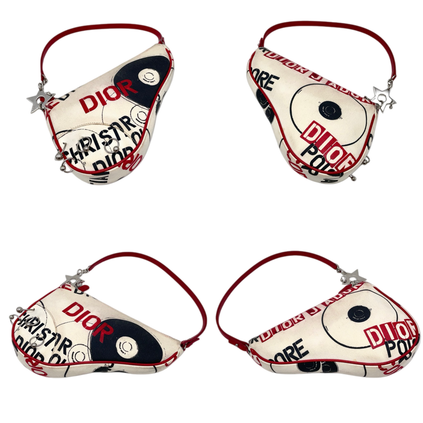 RARE★★★★★CHRISTIAN DIOR 2004 Hardcore Canvas & Leather Record Motif Saddle Handbag Small White & Red