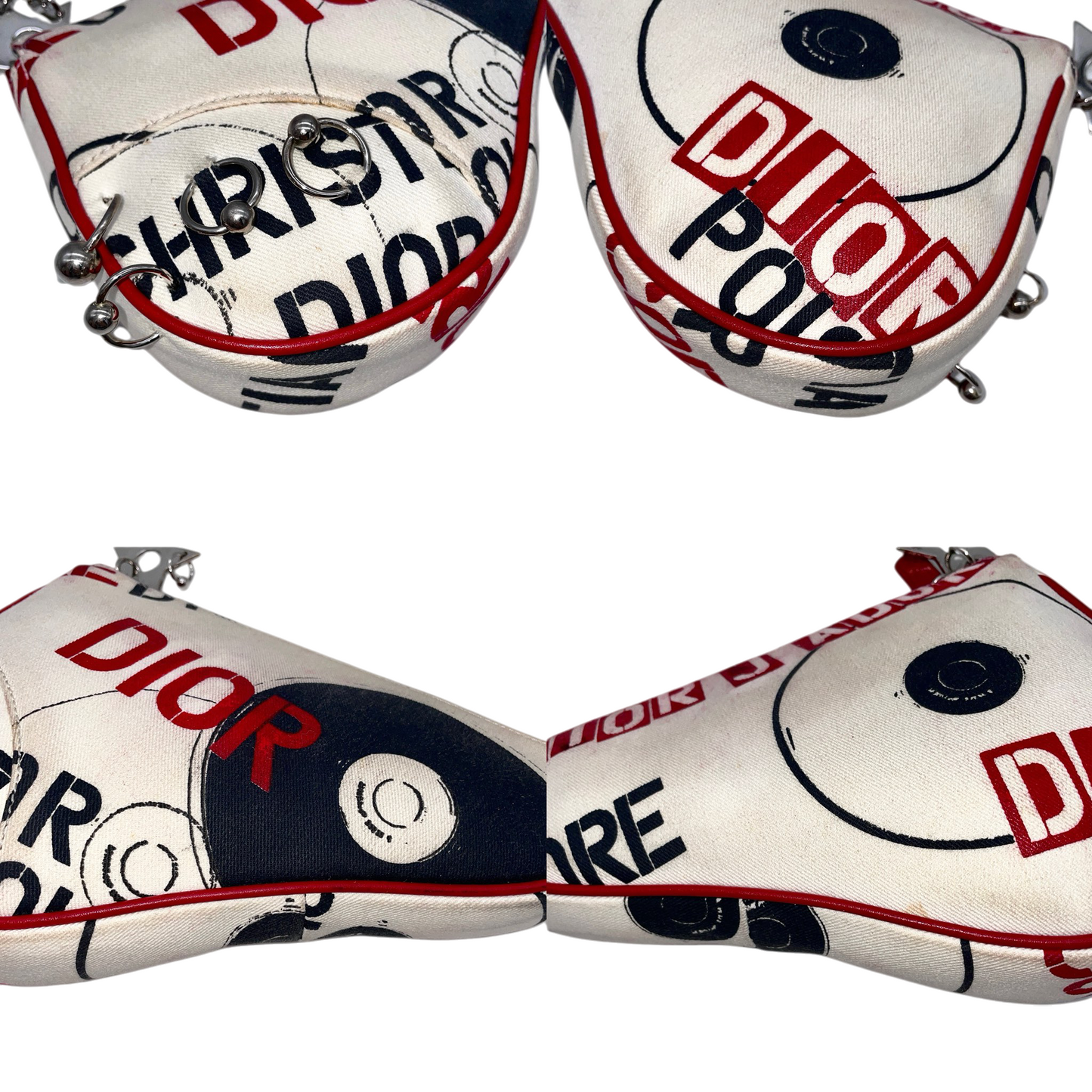 RARE★★★★★CHRISTIAN DIOR 2004 Hardcore Canvas & Leather Record Motif Saddle Handbag Small White & Red