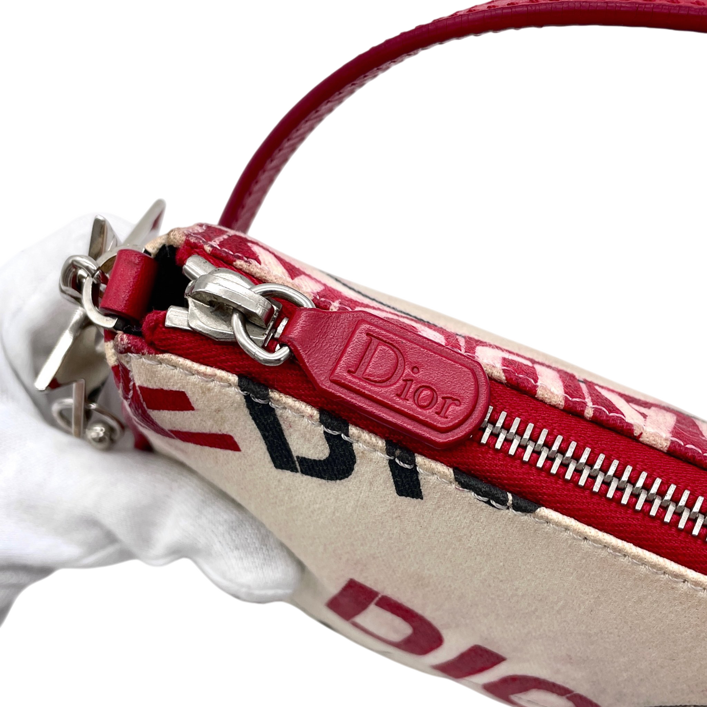 RARE★★★★★CHRISTIAN DIOR 2004 Hardcore Canvas & Leather Record Motif Saddle Handbag Small White & Red
