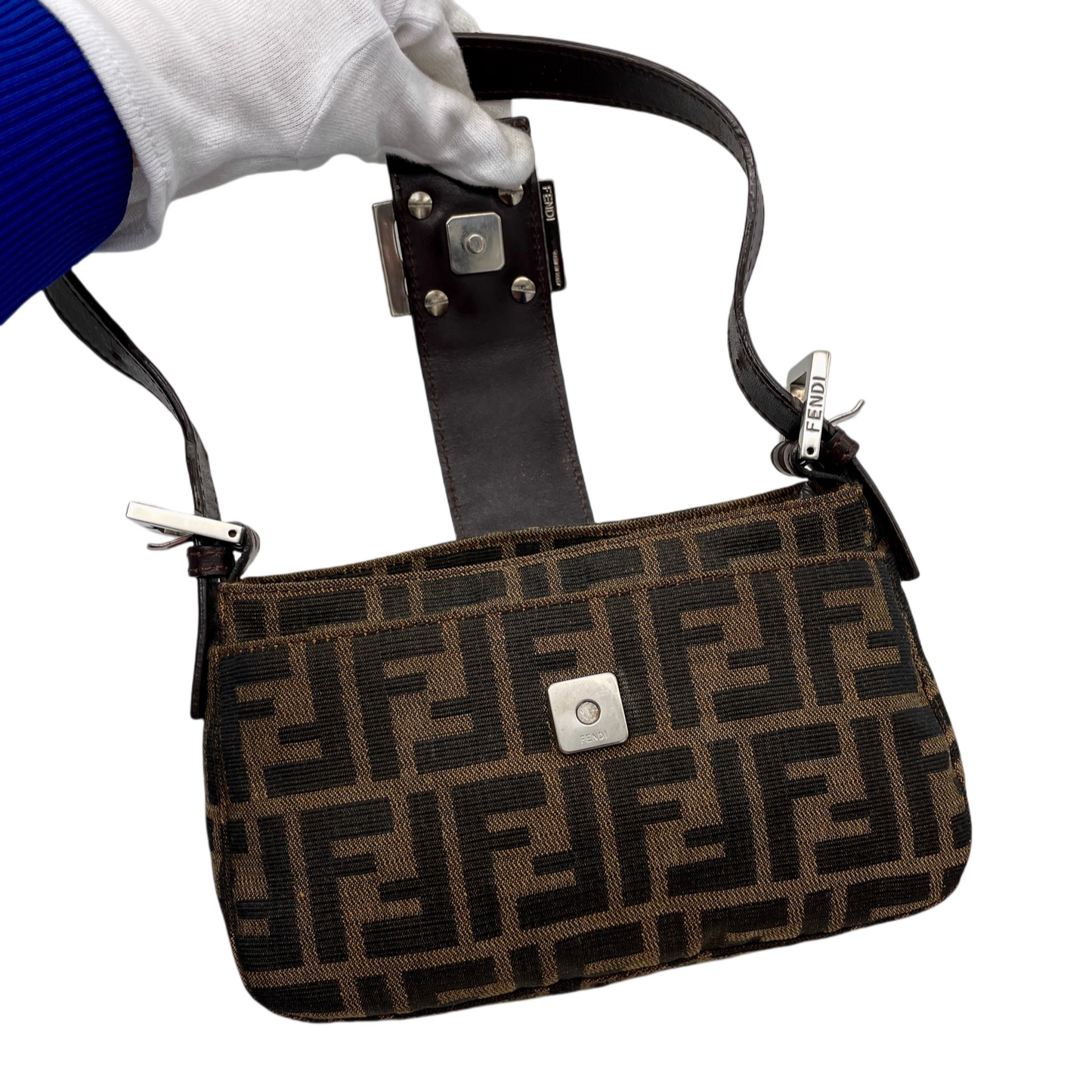 RARE☆☆☆FENDI Zucca Canvas Mini Mamma Baguette Shoulder Bag Brown &amp; Silver