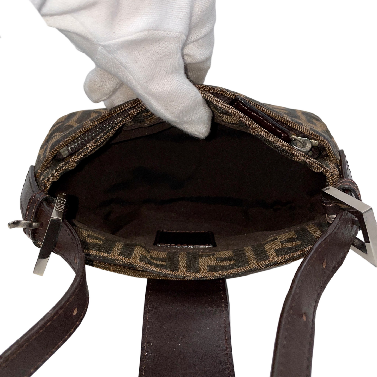 RARE☆☆☆FENDI Zucca Canvas Mini Mamma Baguette Shoulder Bag Brown &amp; Silver