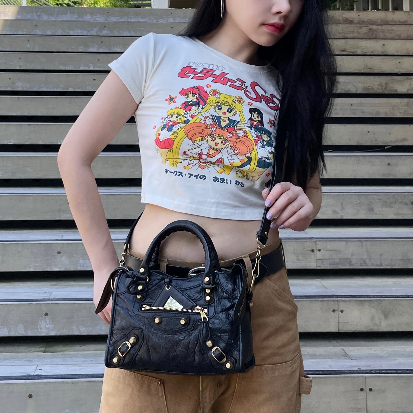 RARE★★★BALENCIAGA Le City Leather Convertible Top Handle Bag Mini Black/Gold