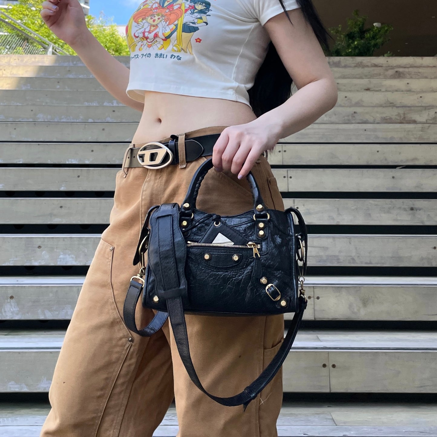 RARE★★★BALENCIAGA Le City Leather Convertible Top Handle Bag Mini Black/Gold