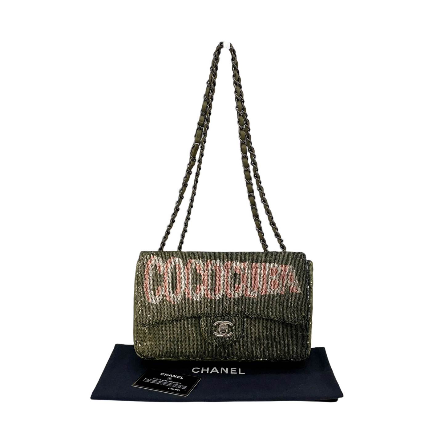 RARE☆☆☆☆☆CHANEL 2016 COCO CUBA Sequins Double Chain Shoulder Flap Bag Khaki Green &amp; Silver #