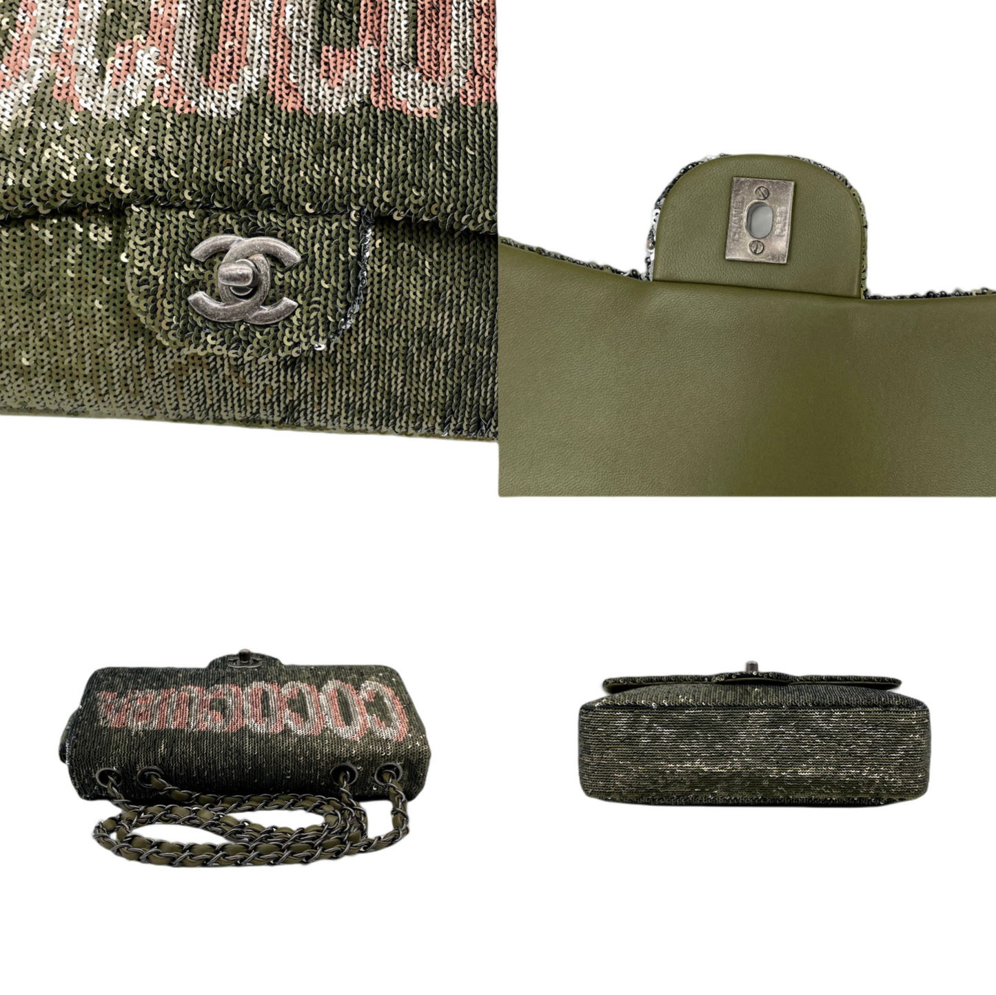 RARE☆☆☆☆☆CHANEL 2016 COCO CUBA Sequins Double Chain Shoulder Flap Bag Khaki Green &amp; Silver #