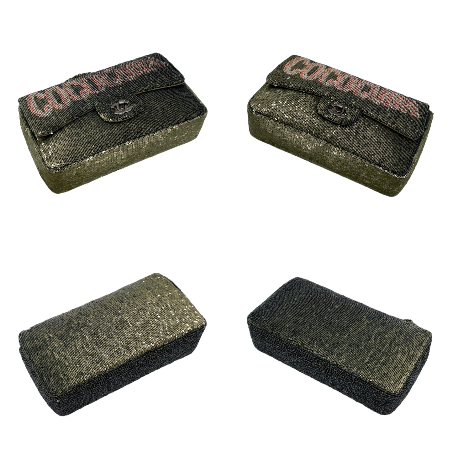 RARE☆☆☆☆☆CHANEL 2016 COCO CUBA Sequins Double Chain Shoulder Flap Bag Khaki Green &amp; Silver #