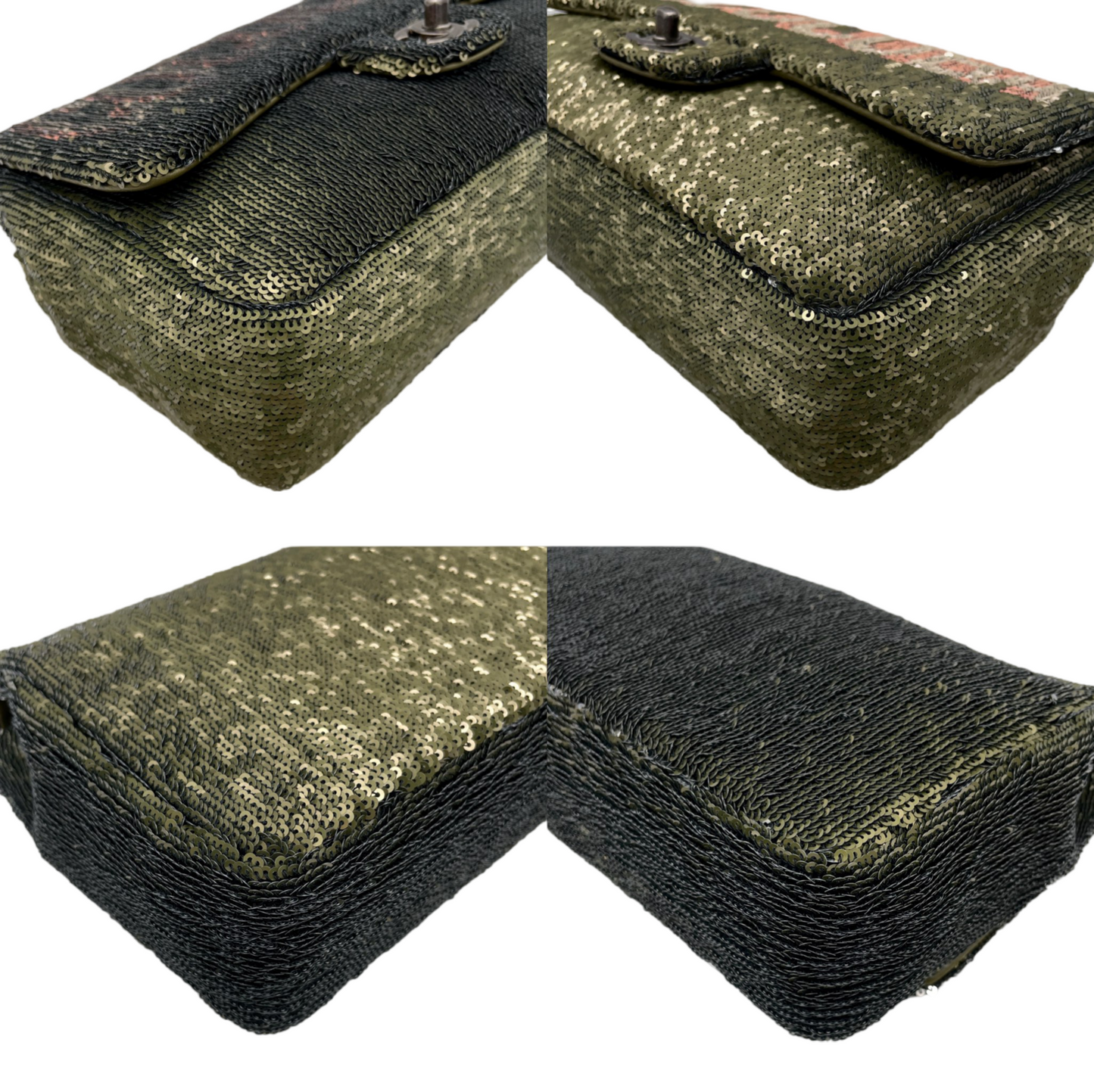 RARE☆☆☆☆☆CHANEL 2016 COCO CUBA Sequins Double Chain Shoulder Flap Bag Khaki Green &amp; Silver #