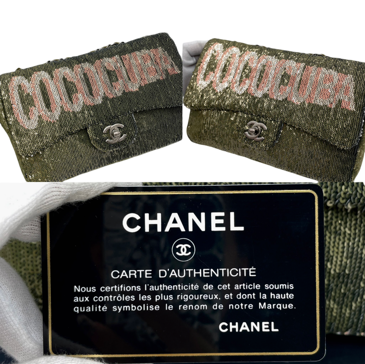 RARE☆☆☆☆☆CHANEL 2016 COCO CUBA Sequins Double Chain Shoulder Flap Bag Khaki Green &amp; Silver #