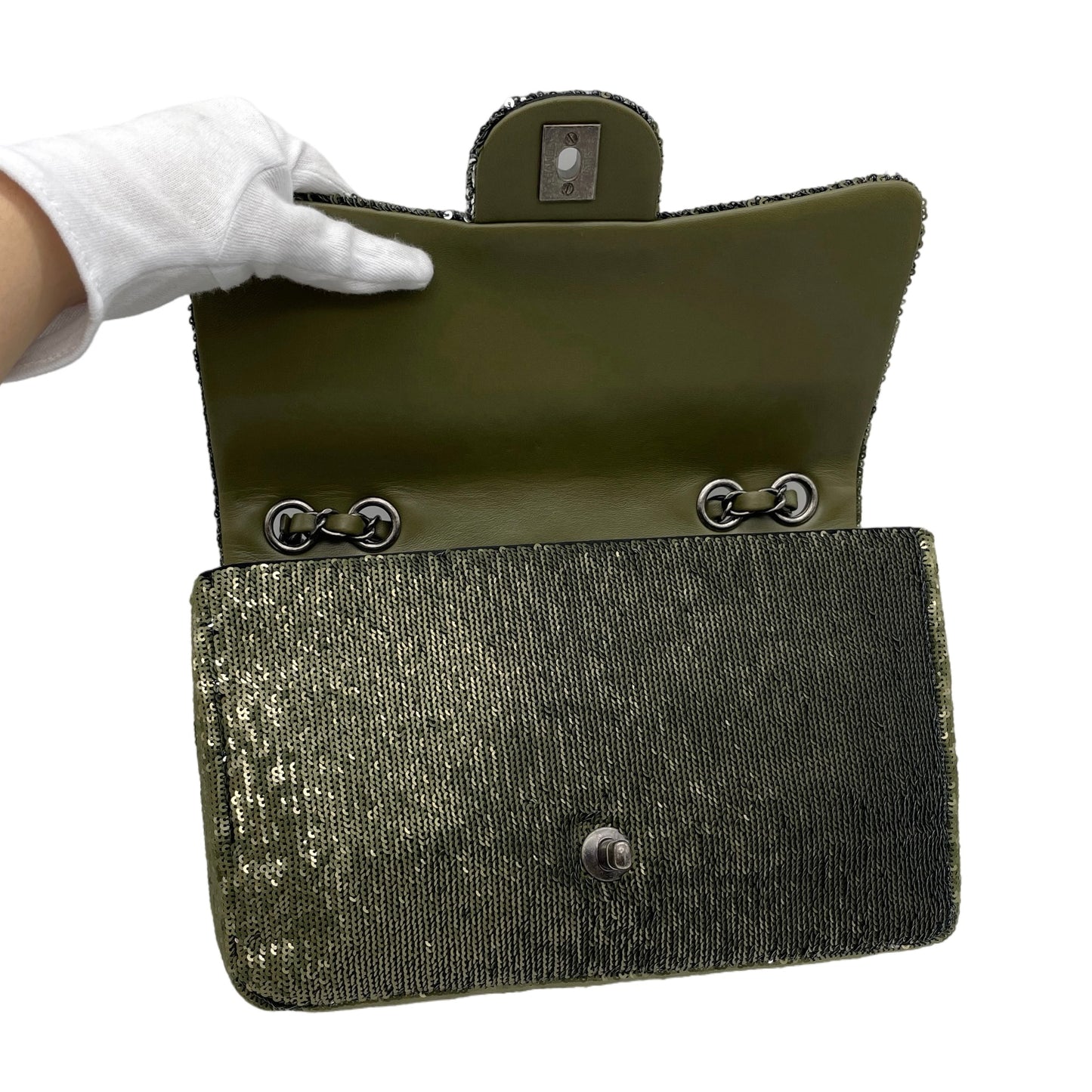 RARE☆☆☆☆☆CHANEL 2016 COCO CUBA Sequins Double Chain Shoulder Flap Bag Khaki Green &amp; Silver #