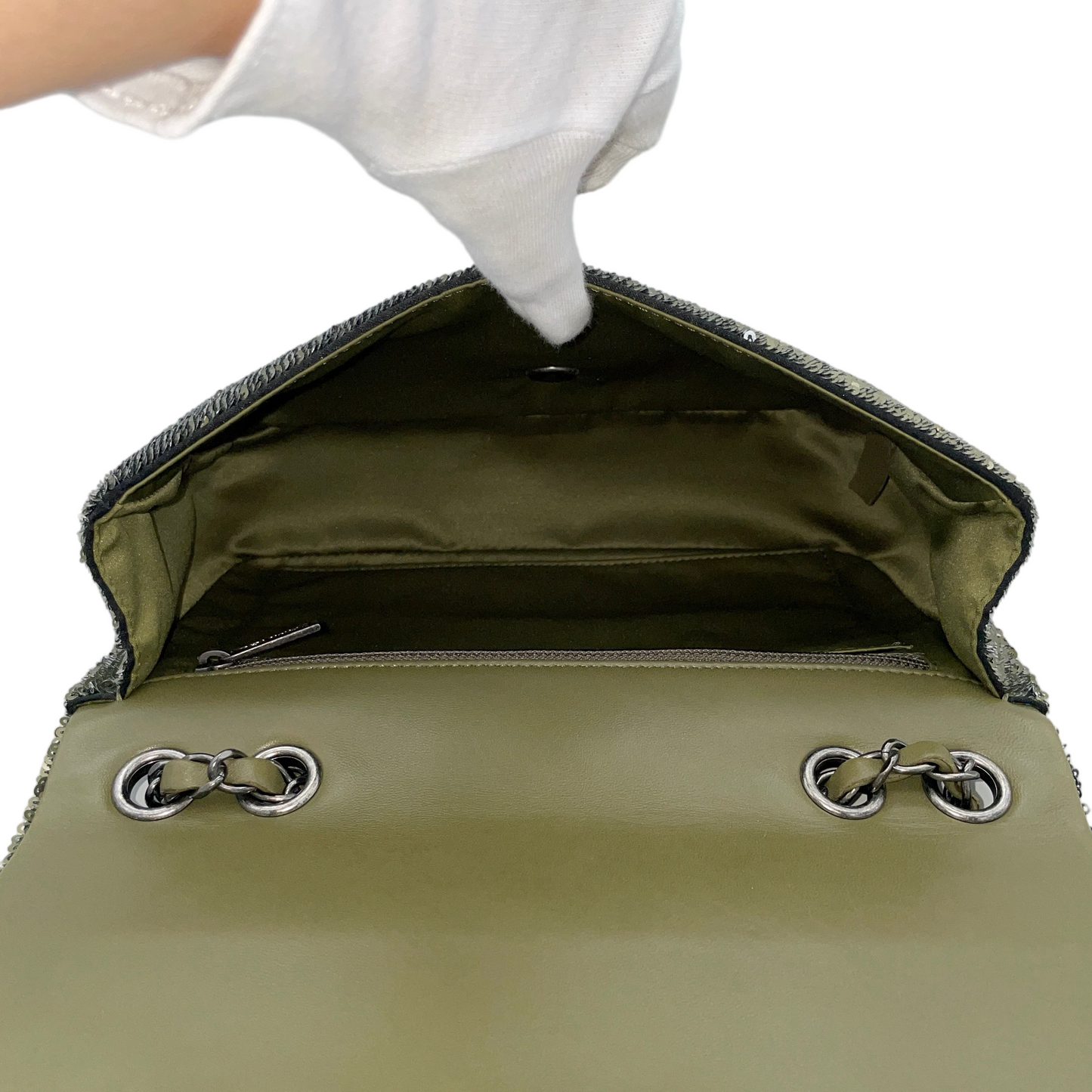 RARE☆☆☆☆☆CHANEL 2016 COCO CUBA Sequins Double Chain Shoulder Flap Bag Khaki Green &amp; Silver #