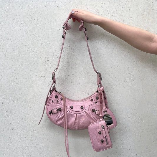 RARE★★★Balenciaga Le Cagole Arena Lambskin Shoulder Bag XS Light Pink & Antique Silver