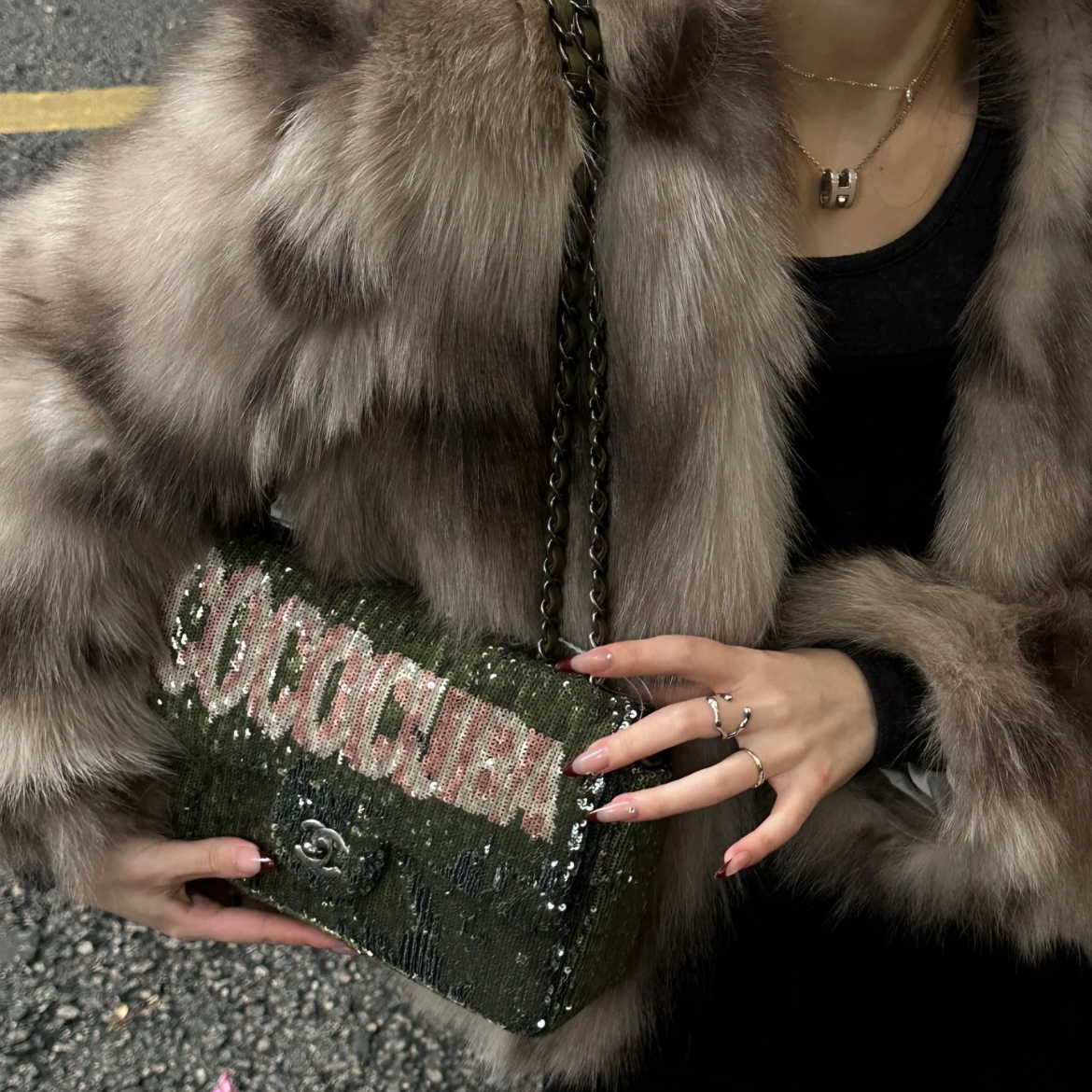 RARE☆☆☆☆☆CHANEL 2016 COCO CUBA Sequins Double Chain Shoulder Flap Bag Khaki Green &amp; Silver #