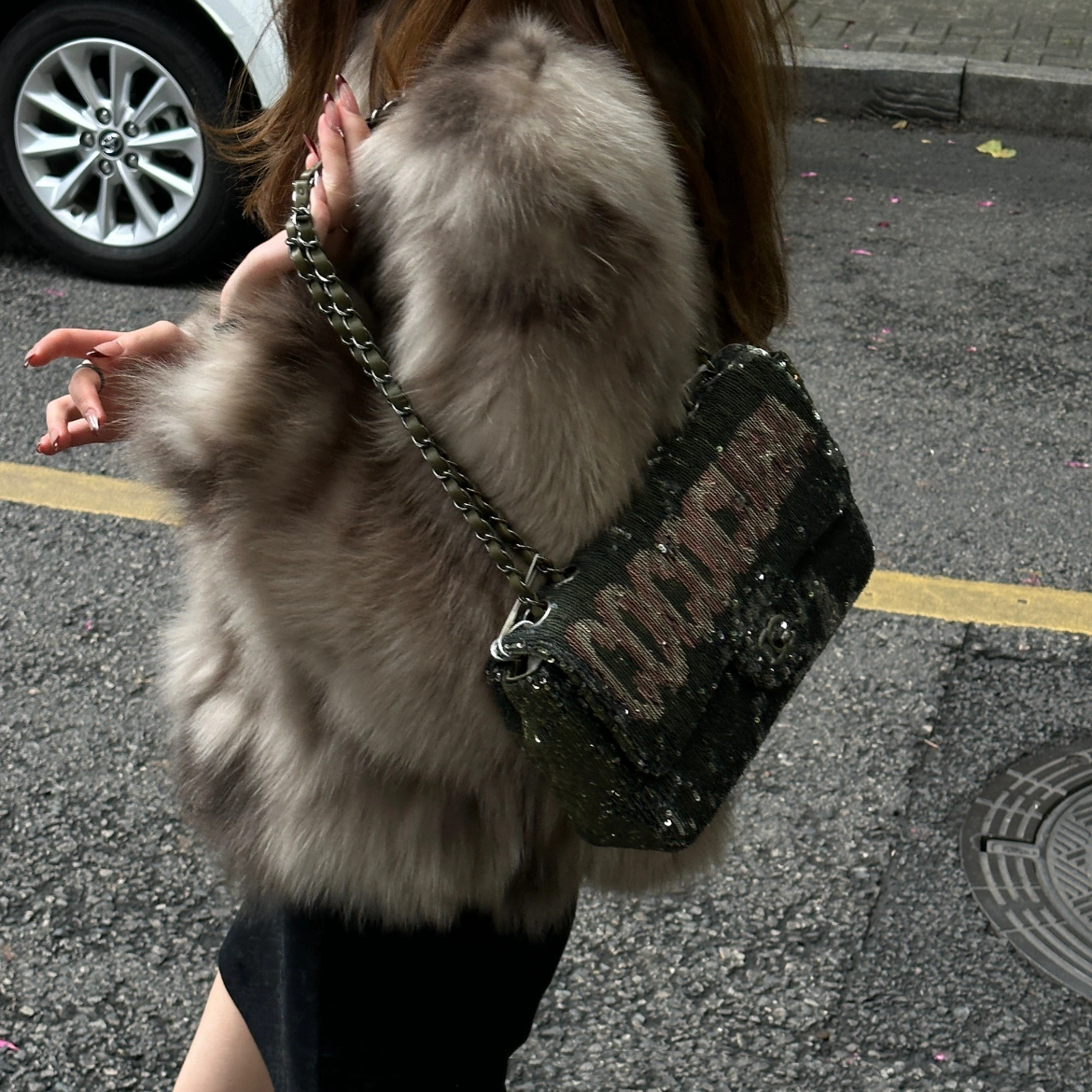 RARE☆☆☆☆☆CHANEL 2016 COCO CUBA Sequins Double Chain Shoulder Flap Bag Khaki Green &amp; Silver #