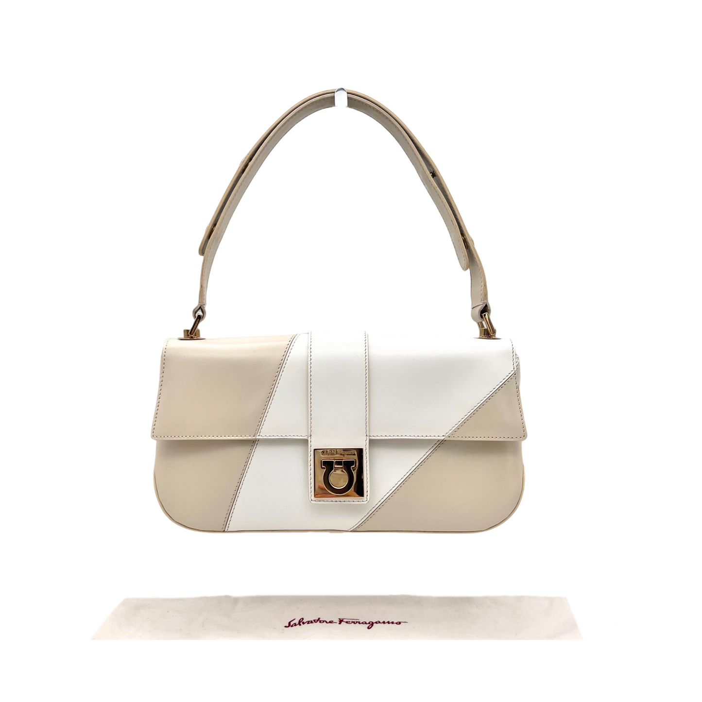 RARE☆☆☆Salvatore Ferragamo Gancini bicolor one-shoulder bag in white and beige