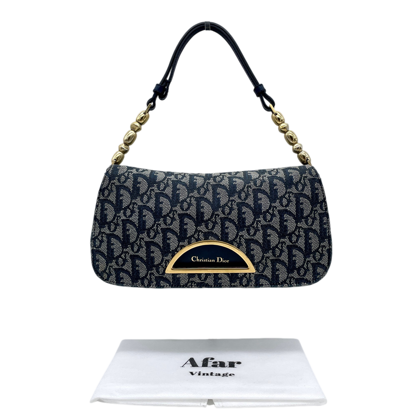 CHRISTIAN DIOR Trotter Canvas Malice Pearl Shoulder Bag Navy & Gold