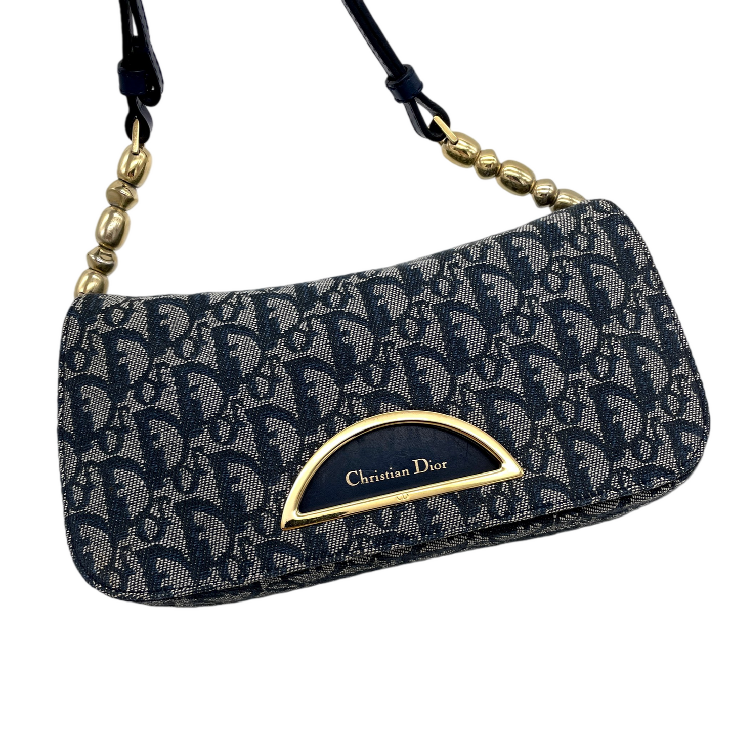 CHRISTIAN DIOR Trotter Canvas Malice Pearl Shoulder Bag Navy & Gold