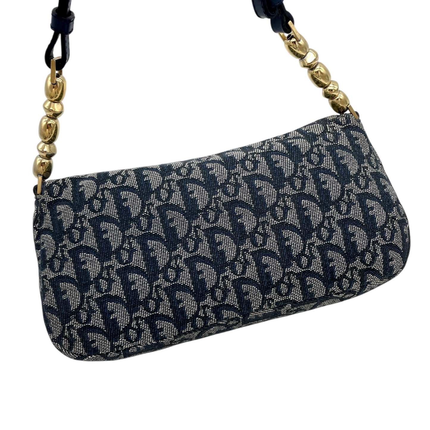 CHRISTIAN DIOR Trotter Canvas Malice Pearl Shoulder Bag Navy & Gold