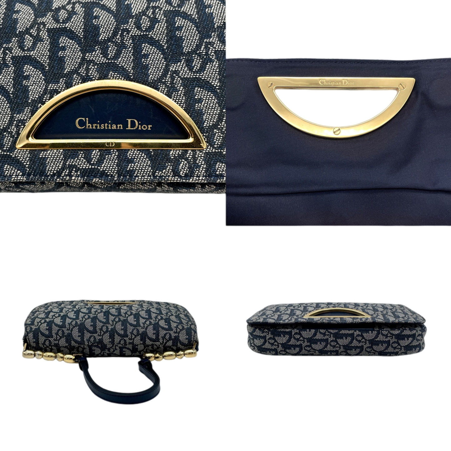 CHRISTIAN DIOR Trotter Canvas Malice Pearl Shoulder Bag Navy & Gold
