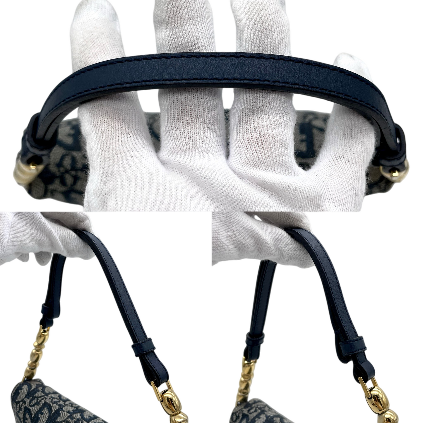 CHRISTIAN DIOR Trotter Canvas Malice Pearl Shoulder Bag Navy & Gold
