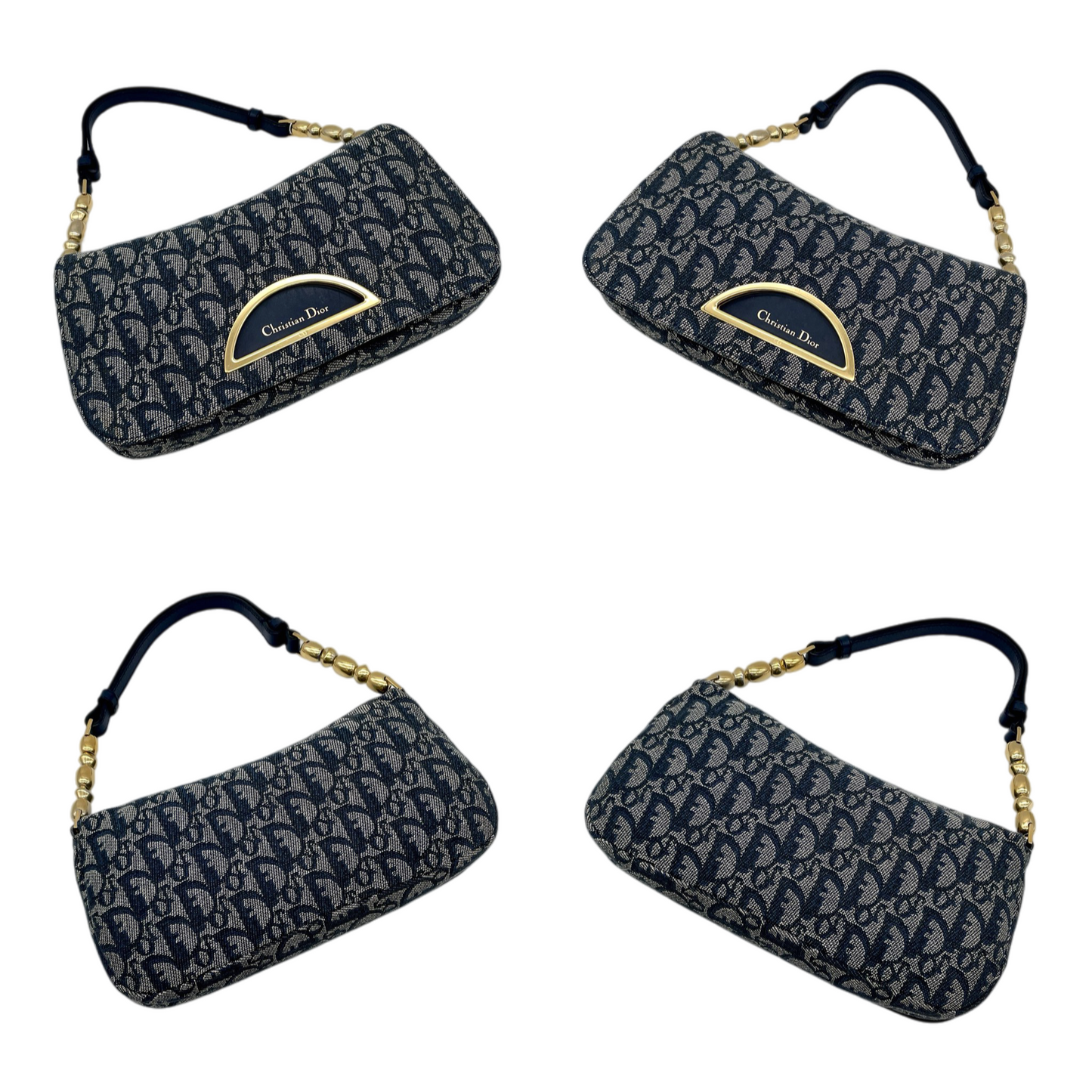 CHRISTIAN DIOR Trotter Canvas Malice Pearl Shoulder Bag Navy & Gold