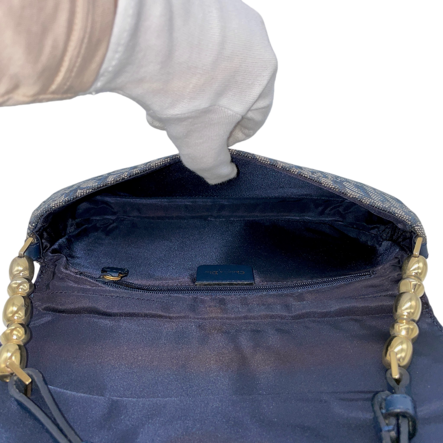 CHRISTIAN DIOR Trotter Canvas Malice Pearl Shoulder Bag Navy & Gold