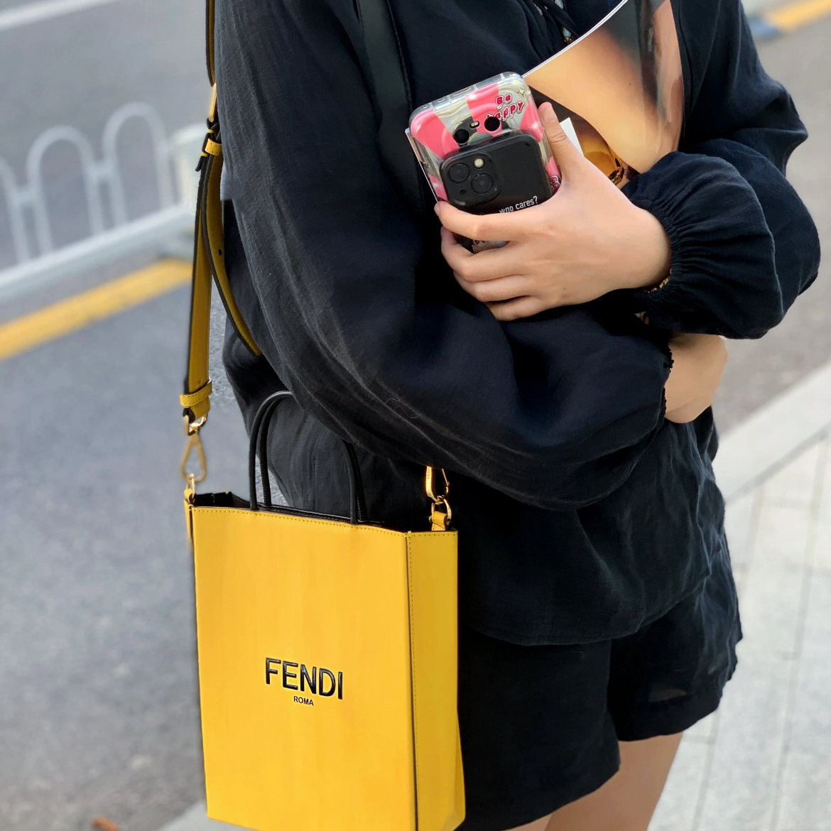 PRELOVED FENDI LOGO Shopper Bag 2Way Tote Bag Yellow &amp; Black