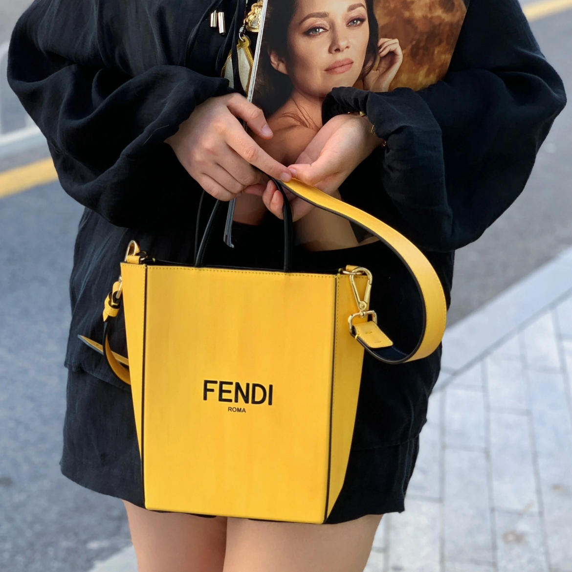PRELOVED FENDI LOGO Shopper Bag 2Way Tote Bag Yellow &amp; Black