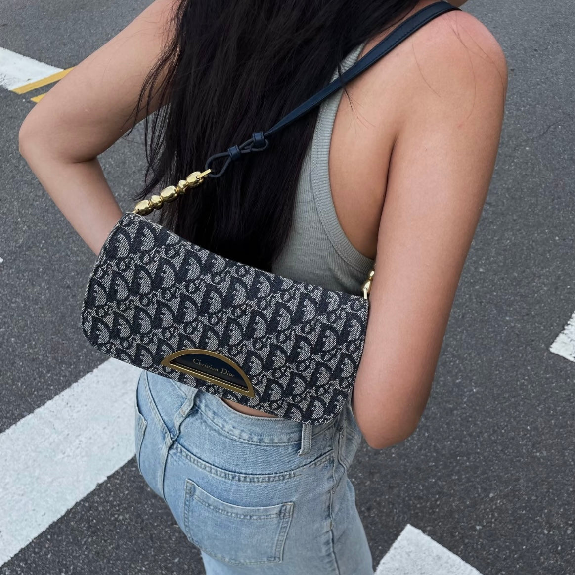 CHRISTIAN DIOR Trotter Canvas Malice Pearl Shoulder Bag Navy & Gold