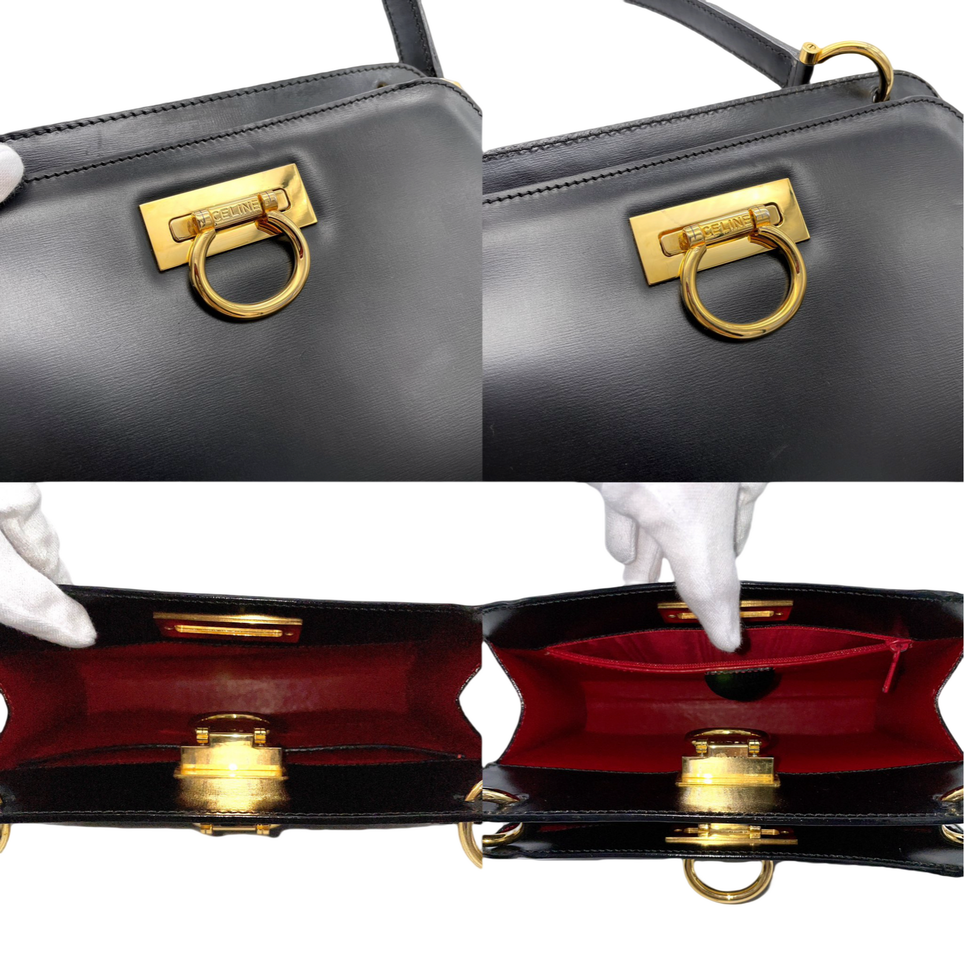 CELINE Celine Gancini Handbag Leather Black × Gold – Afar CELINE Celine Gancini Handbag Leather Black × Gold – Afar