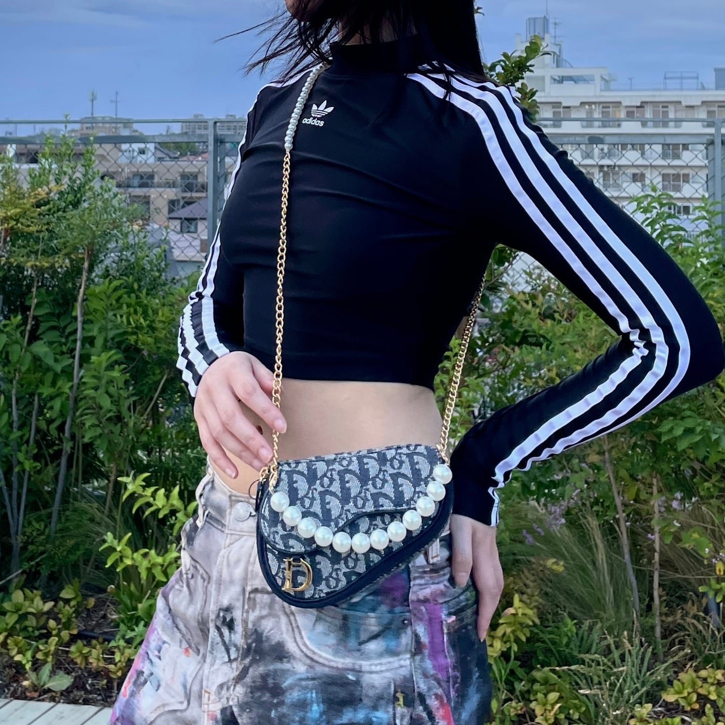 CHRISTIAN DIOR 2000 Trotter Canvas D Logo Pendant Mini Saddle Pouch Navy & Gold