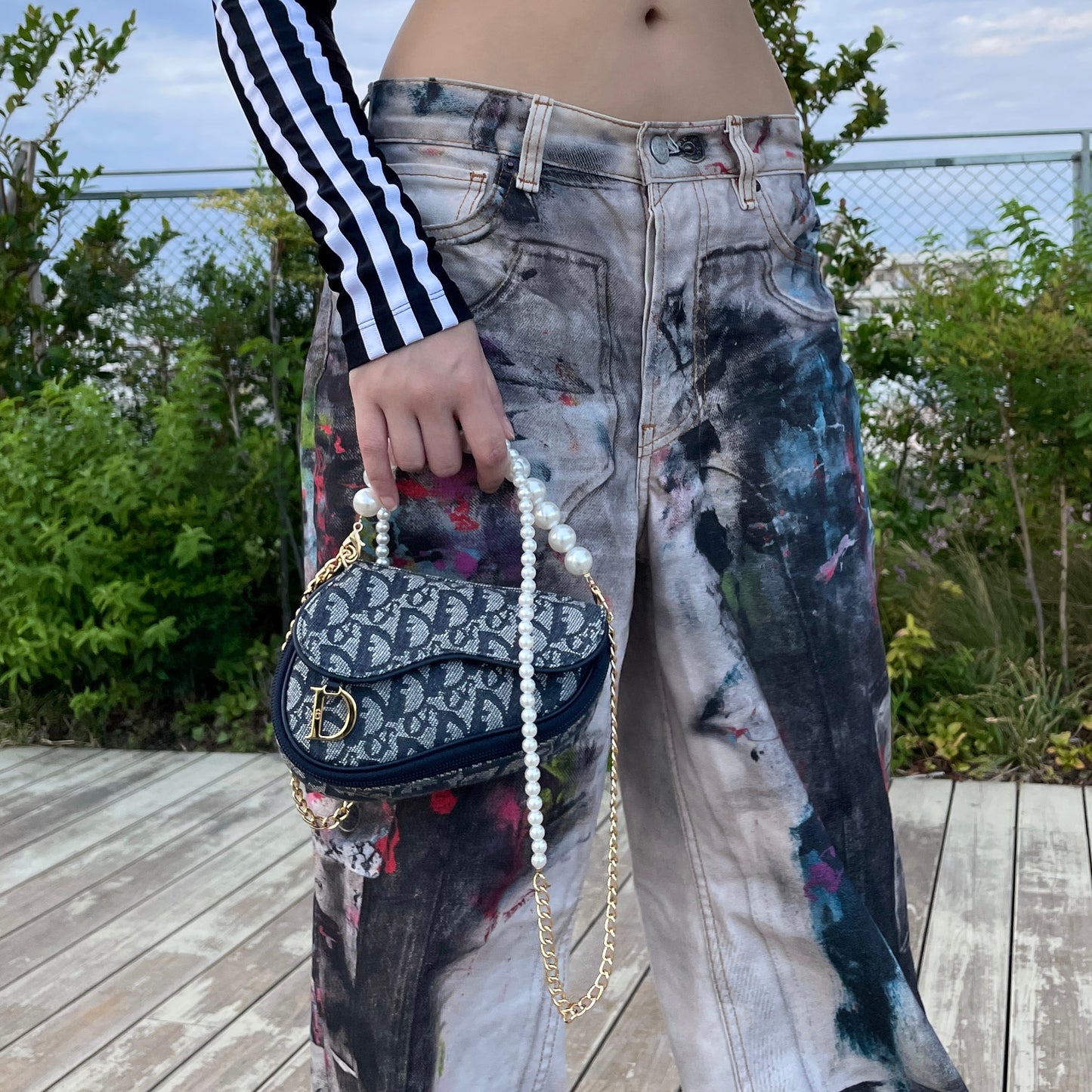 CHRISTIAN DIOR 2000 Trotter Canvas D Logo Pendant Mini Saddle Pouch Navy & Gold