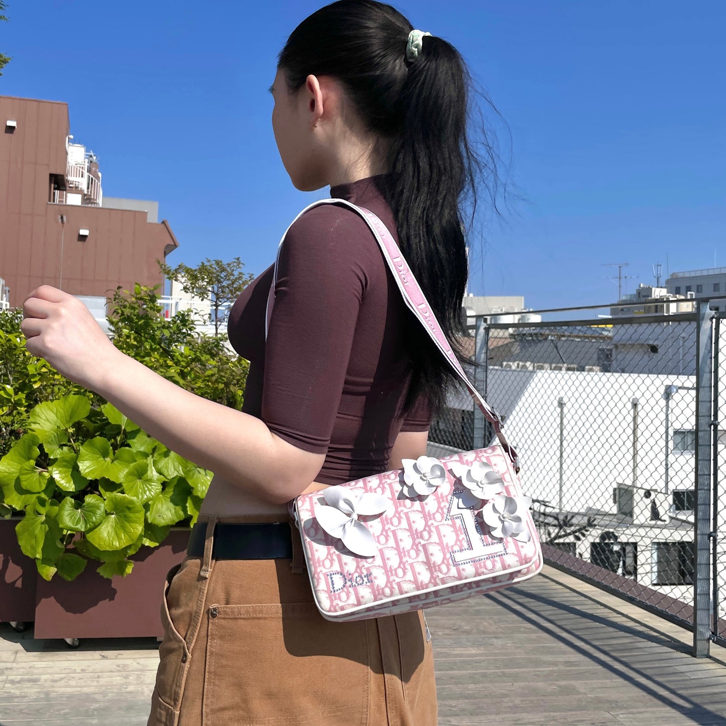 RARE☆☆☆☆CHRISTIAN DIOR Trotter Canvas No1 Y2K Flower Motif Crossbody Shoulder Bag Pink & White