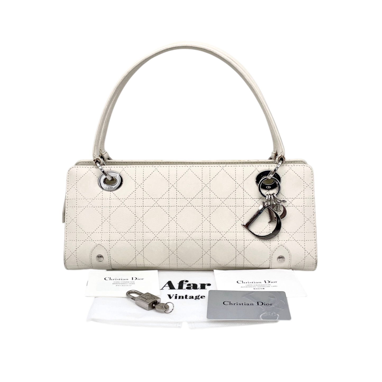 RARE☆☆☆☆CHRISTIAN DIOR Lady-Dior Canage Leather Pendant Hand Bag White & Silver