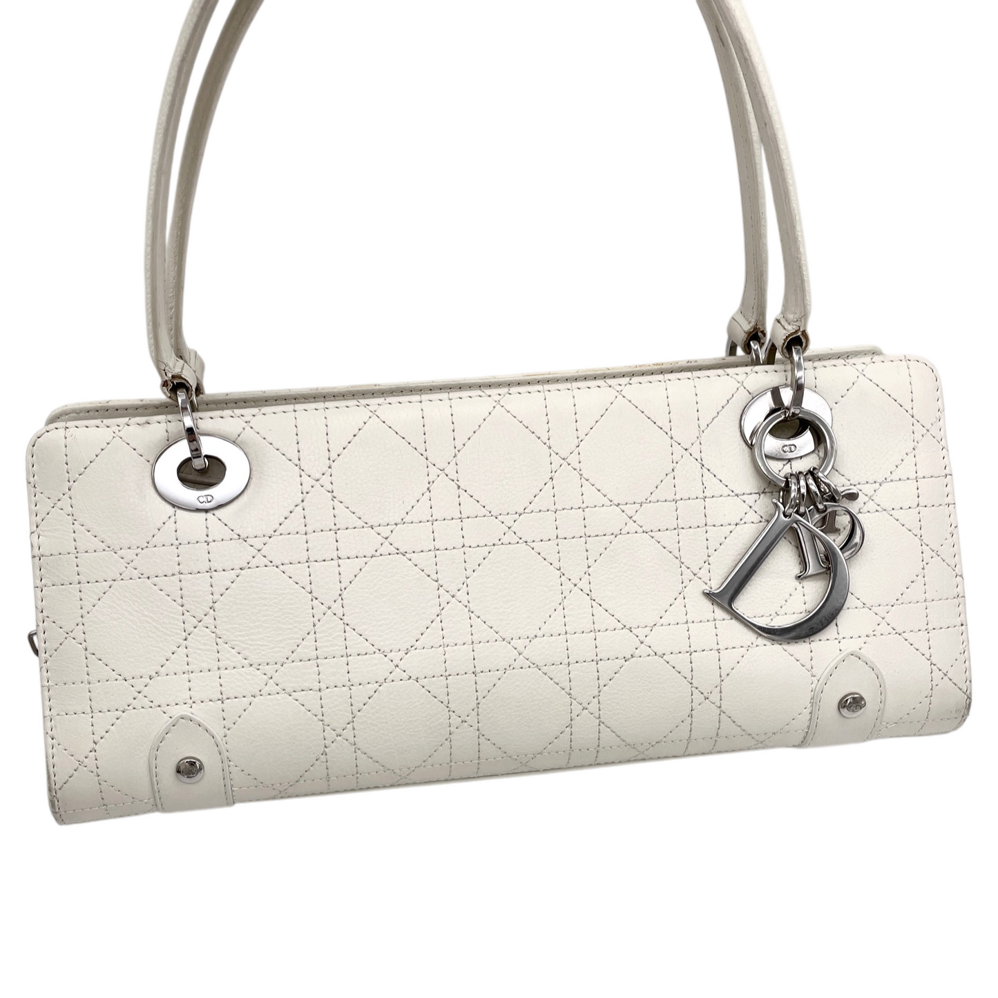 RARE☆☆☆☆CHRISTIAN DIOR Lady-Dior Canage Leather Pendant Hand Bag White & Silver