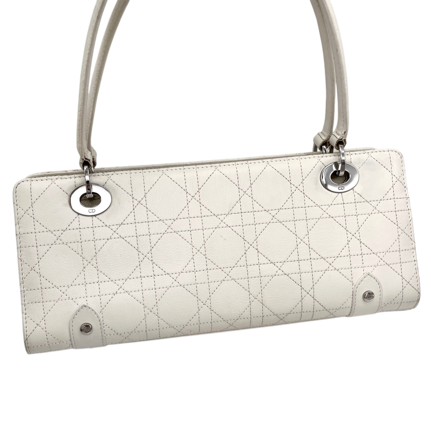 RARE☆☆☆☆CHRISTIAN DIOR Lady-Dior Canage Leather Pendant Hand Bag White & Silver