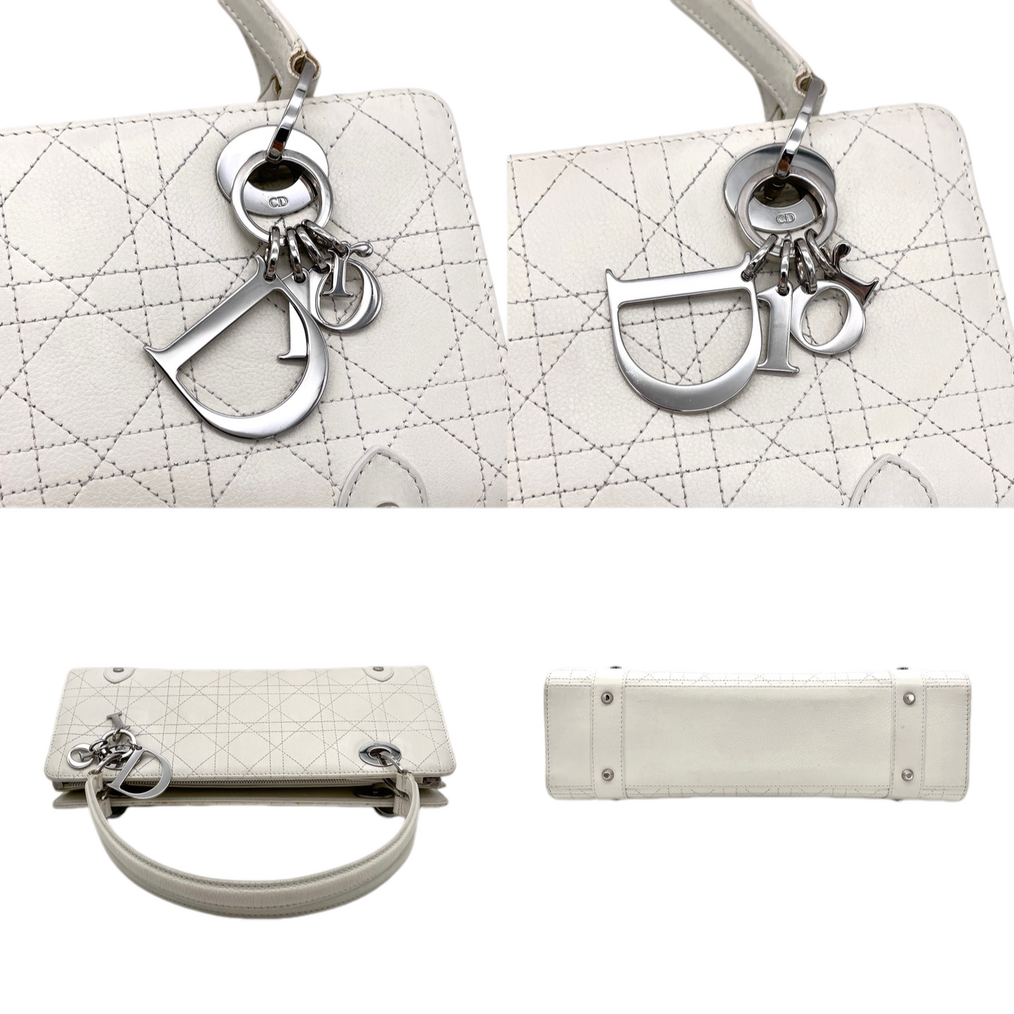 RARE☆☆☆☆CHRISTIAN DIOR Lady-Dior Canage Leather Pendant Hand Bag White & Silver