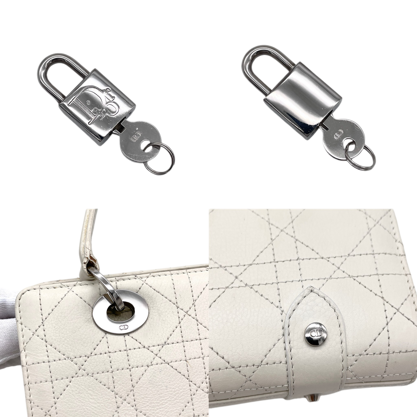 RARE☆☆☆☆CHRISTIAN DIOR Lady-Dior Canage Leather Pendant Hand Bag White & Silver