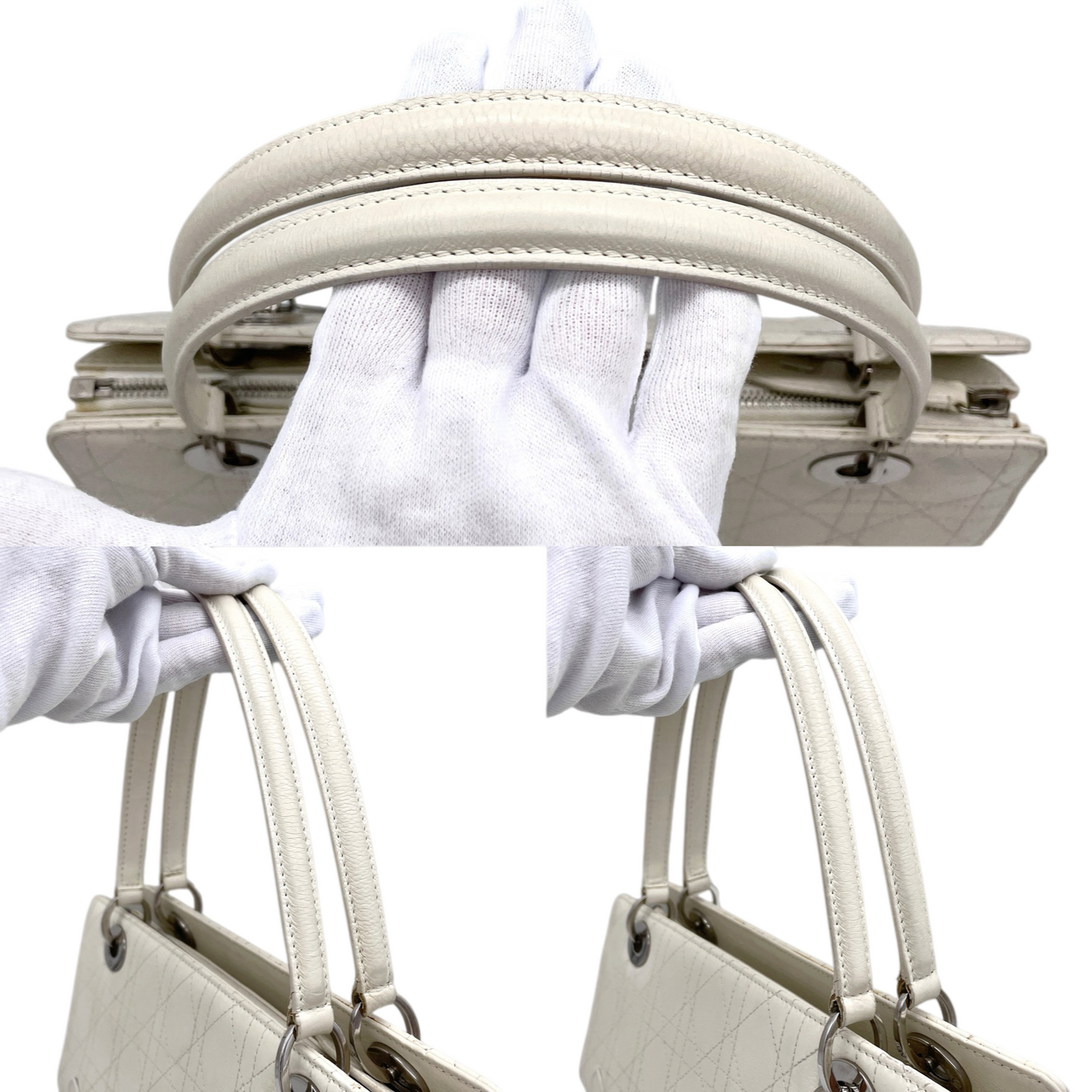 RARE☆☆☆☆CHRISTIAN DIOR Lady-Dior Canage Leather Pendant Hand Bag White & Silver
