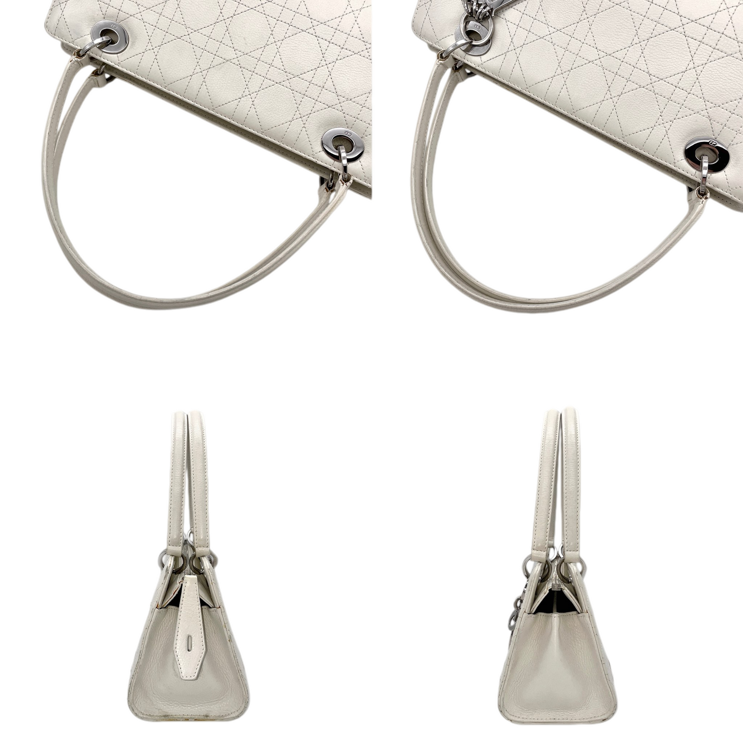 RARE☆☆☆☆CHRISTIAN DIOR Lady-Dior Canage Leather Pendant Hand Bag White & Silver