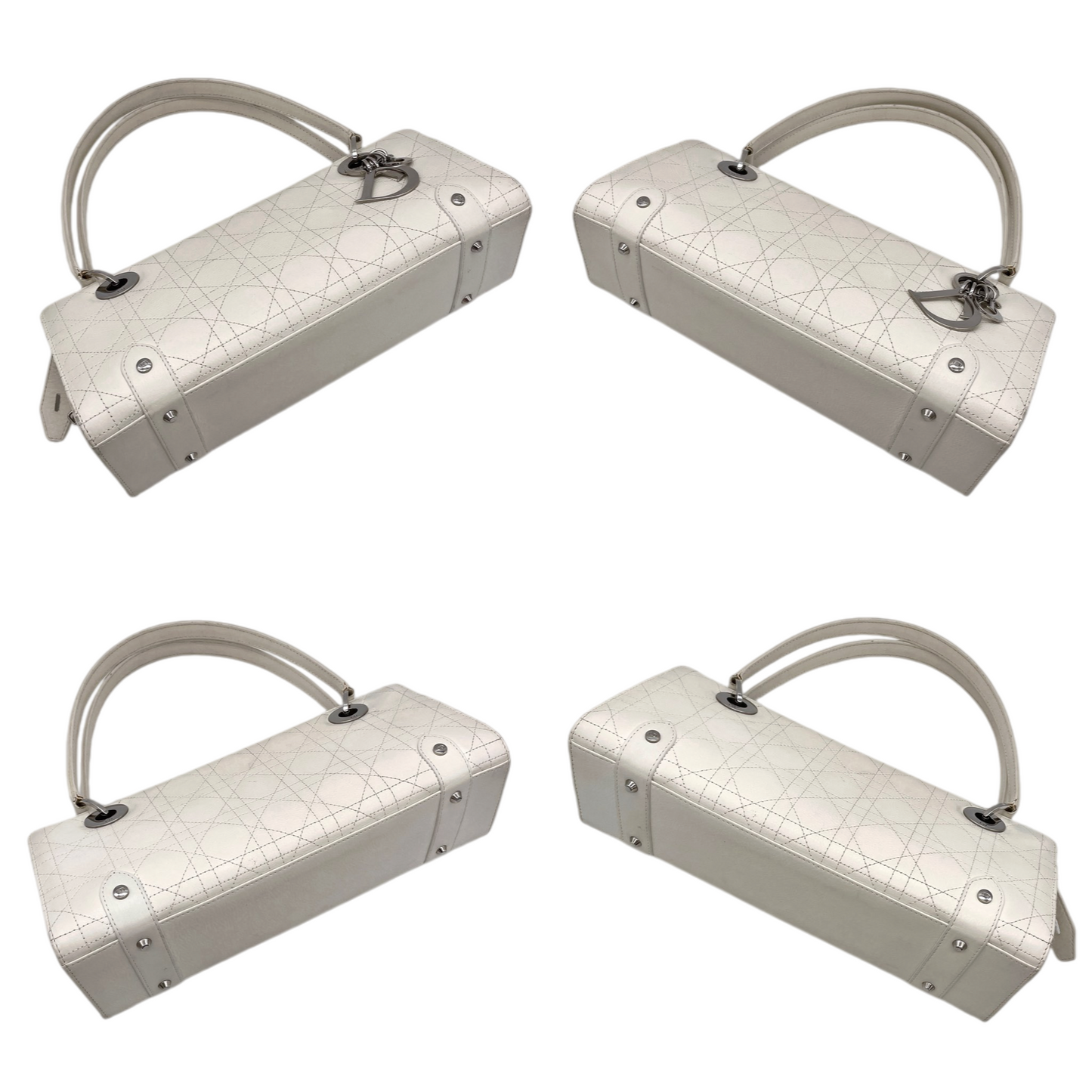 RARE☆☆☆☆CHRISTIAN DIOR Lady-Dior Canage Leather Pendant Hand Bag White & Silver