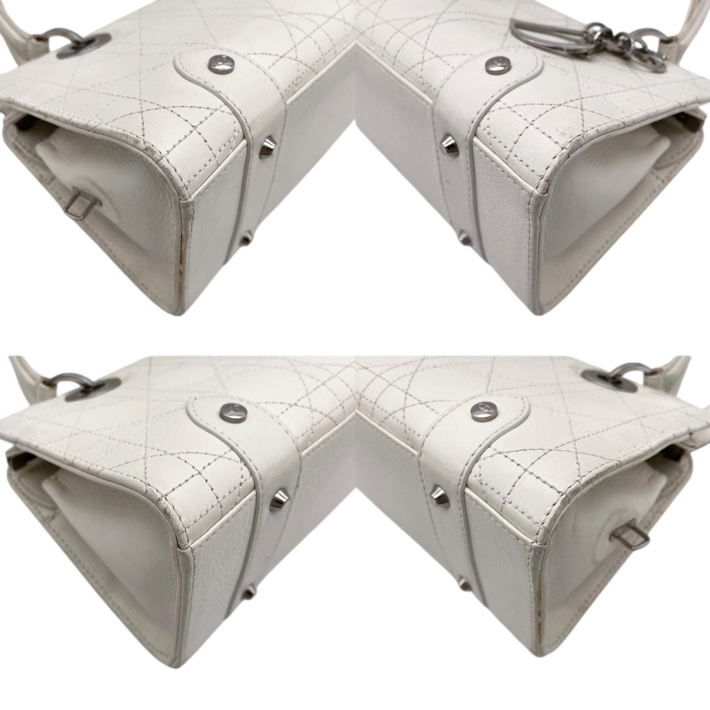 RARE☆☆☆☆CHRISTIAN DIOR Lady-Dior Canage Leather Pendant Hand Bag White & Silver