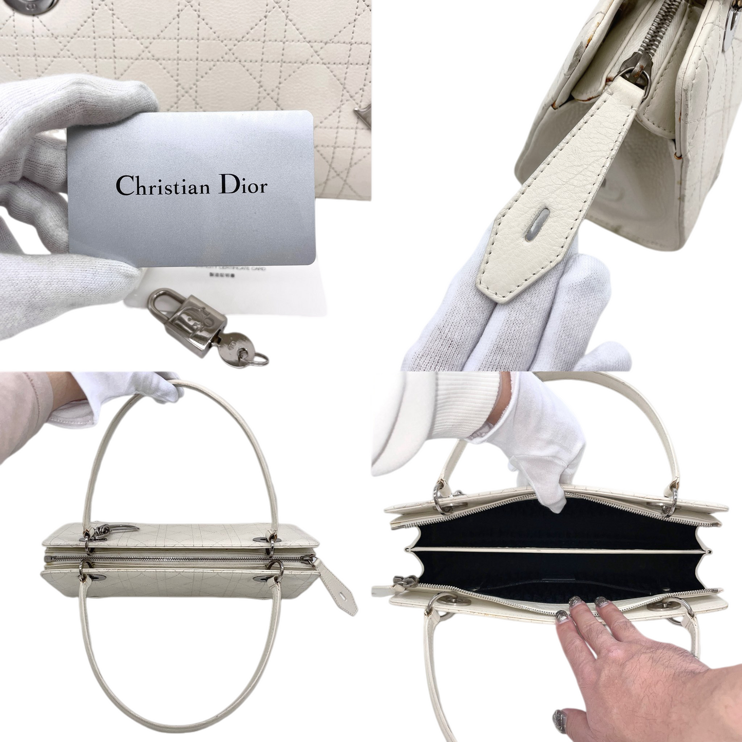 RARE☆☆☆☆CHRISTIAN DIOR Lady-Dior Canage Leather Pendant Hand Bag White & Silver