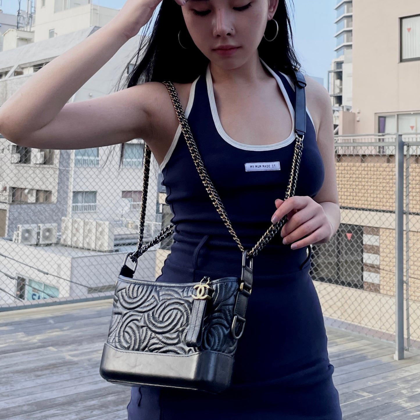 RARE★★★CHANEL 2019~2020 Gabrielle Chanel Logo Calf Leather Hobo Shoulder Bag Small Black Gold